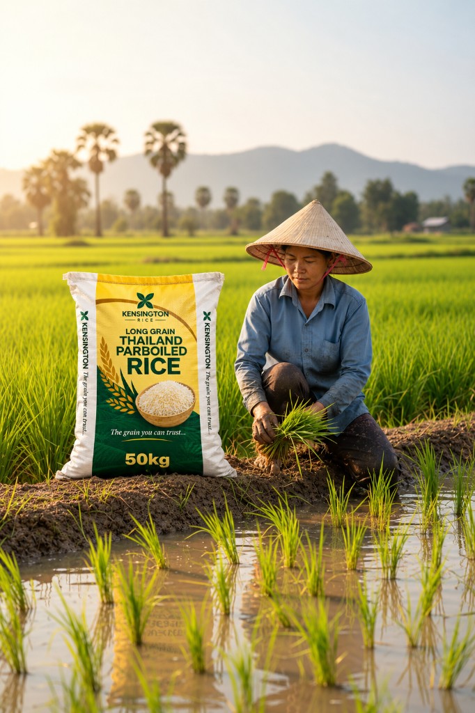 Thai farmer tending rice seedlings beside a 50kg bag of Kensington Thailand Long Grain Parboiled Rice in a green paddy